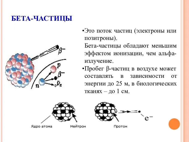 БЕТА-ЧАСТИЦЫ Это поток частиц (электроны или позитроны). Бета-частицы обладают меньшим эффектом