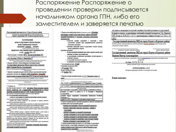 Распоряжение Распоряжение о проведении проверки подписывается начальником органа ГПН, либо его заместителем и заверяется печатью