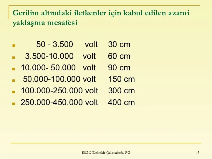 Gerilim altındaki iletkenler için kabul edilen azami yaklaşma mesafesi 50 -