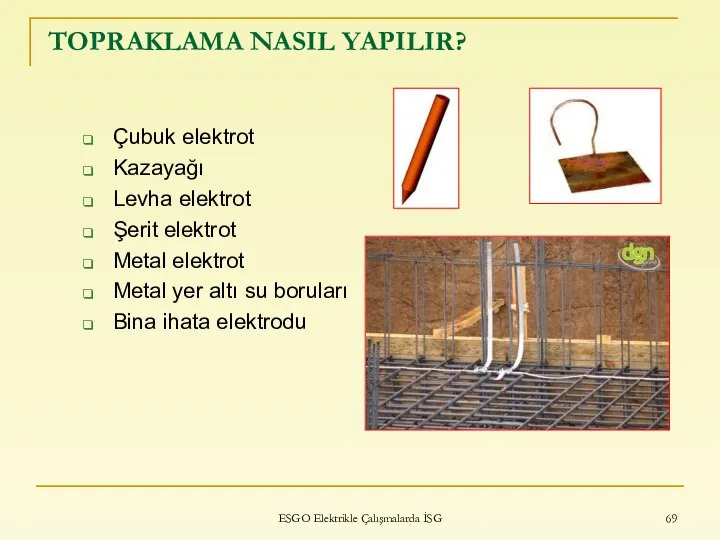 ESGO Elektrikle Çalışmalarda İSG TOPRAKLAMA NASIL YAPILIR? Çubuk elektrot Kazayağı Levha