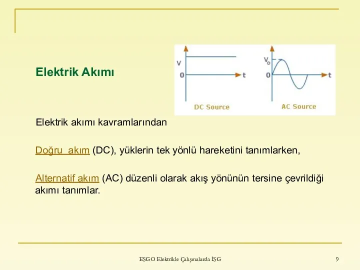 ESGO Elektrikle Çalışmalarda İSG Elektrik Akımı Elektrik akımı kavramlarından Doğru akım