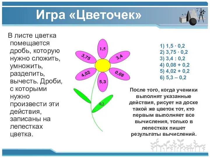 Игра «Цветочек» В листе цветка помещается дробь, которую нужно сложить, умножить,