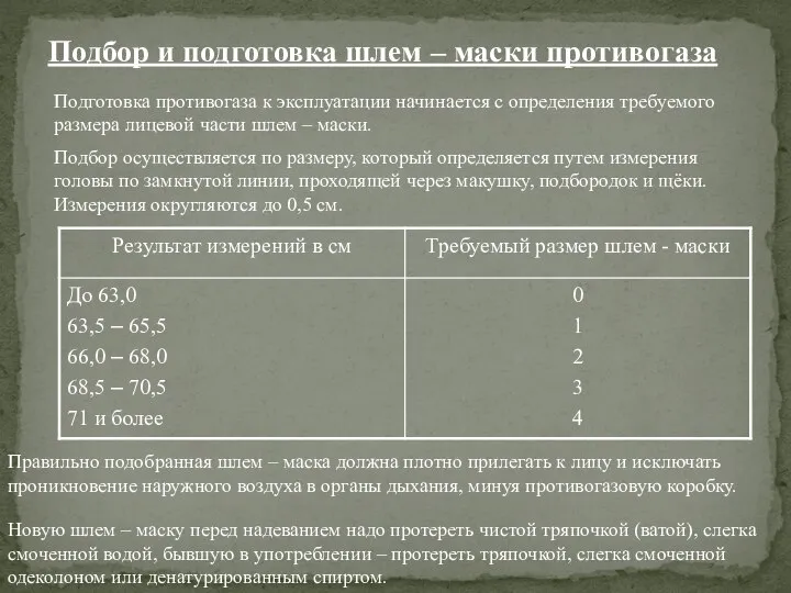 Подбор и подготовка шлем – маски противогаза Подготовка противогаза к эксплуатации