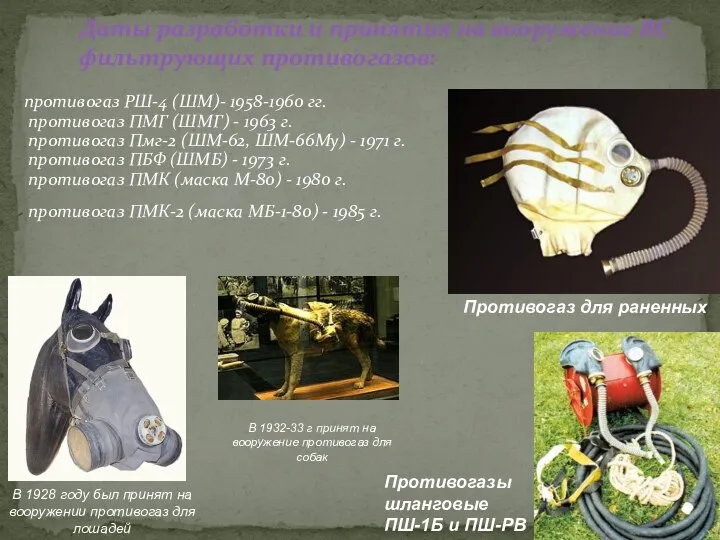 противогаз РШ-4 (ШМ)- 1958-1960 гг. противогаз ПМГ (ШМГ) - 1963 г.