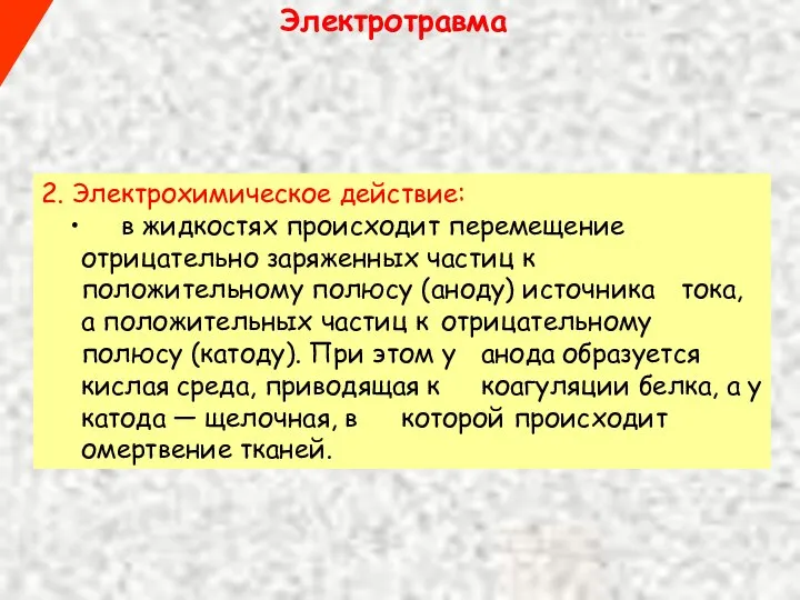 Электротравма 2. Электрохимическое действие: в жидкостях происходит перемещение отрицательно заряженных частиц