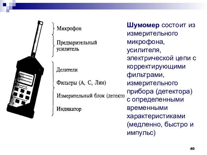 Шумомер состоит из измерительного микрофона, усилителя, электрической цепи с корректирующими фильтрами,