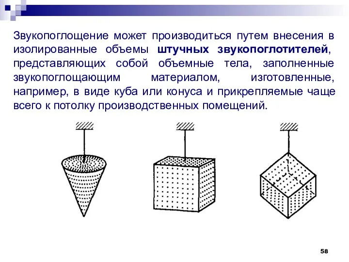 Звукопоглощение может производиться путем внесения в изолированные объемы штучных звукопоглотителей, представляющих