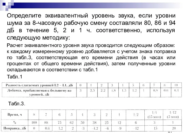 Определите эквивалентный уровень звука, если уровни шума за 8-часовую рабочую смену