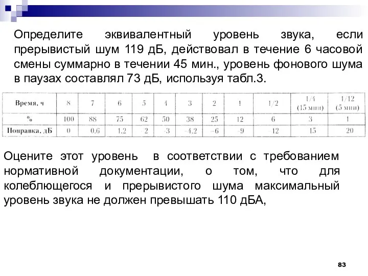 Определите эквивалентный уровень звука, если прерывистый шум 119 дБ, действовал в