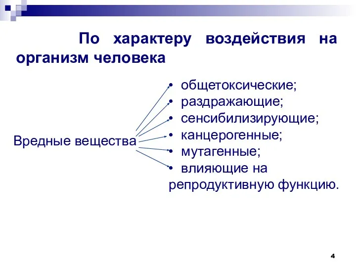 По характеру воздействия на организм человека • общетоксические; • раздражающие; •