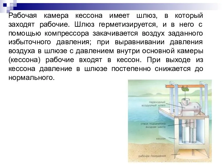 Рабочая камера кессона имеет шлюз, в который заходят рабочие. Шлюз герметизируется,