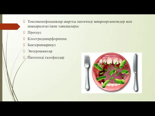 Токсикоинфекциялар шартты патогенді микроорганизмдер мен шақырылған ішек таяқшалары: Протеус Клостридиперфоригенс Бактерияцериоуз Энтерококктар Патогенді галофилдер