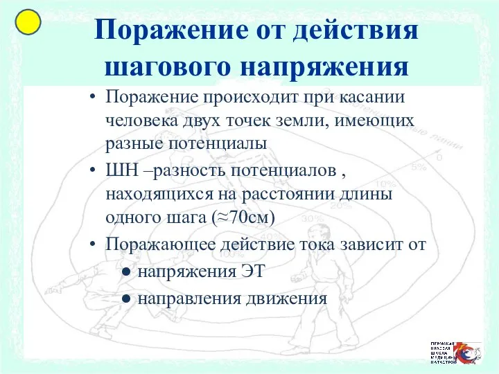 Поражение от действия шагового напряжения Поражение происходит при касании человека двух