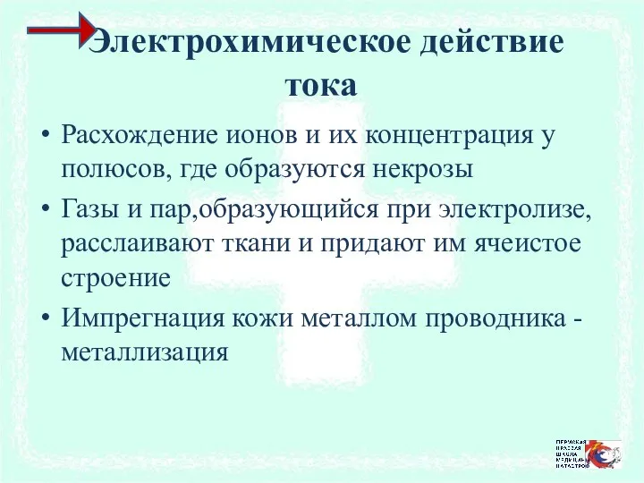 Электрохимическое действие тока Расхождение ионов и их концентрация у полюсов, где