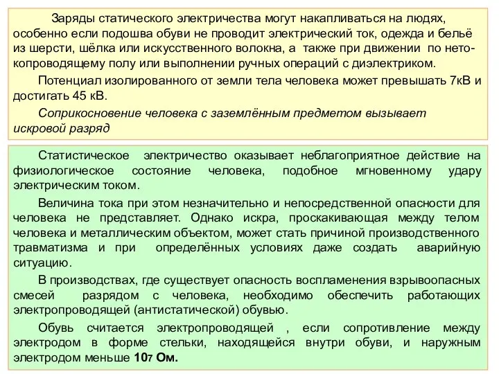 Статистическое электричество оказывает неблагоприятное действие на физиологическое состояние человека, подобное мгновенному