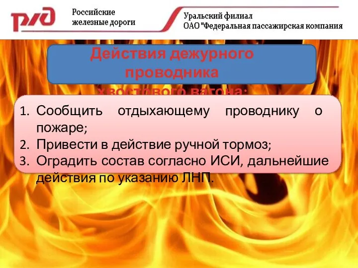 Действия дежурного проводника хвостового вагона: Сообщить отдыхающему проводнику о пожаре; Привести