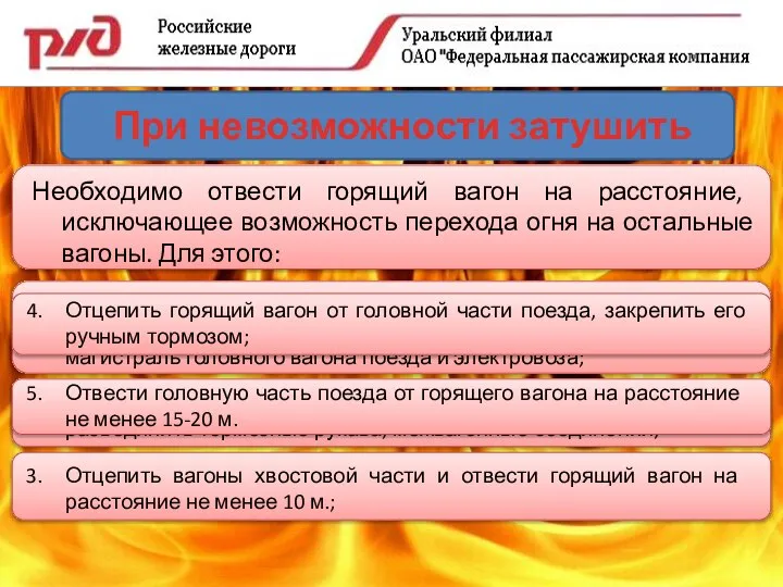 При невозможности затушить пожар: Необходимо отвести горящий вагон на расстояние, исключающее