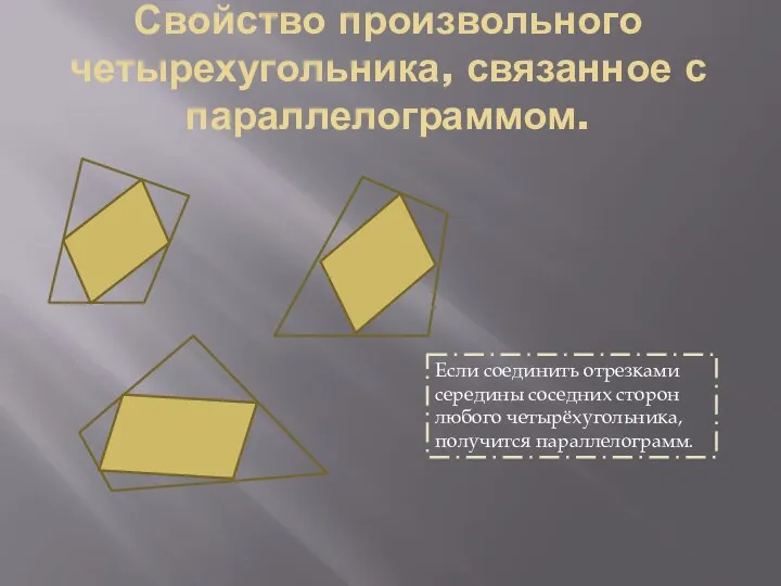 Свойство произвольного четырехугольника, связанное с параллелограммом. Если соединить отрезками середины соседних сторон любого четырёхугольника, получится параллелограмм.