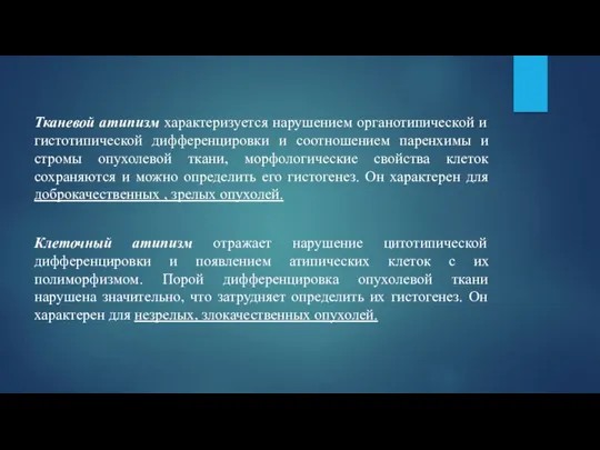 Тканевой атипизм характеризуется нарушением органотипической и гистотипической дифференцировки и соотношением паренхимы