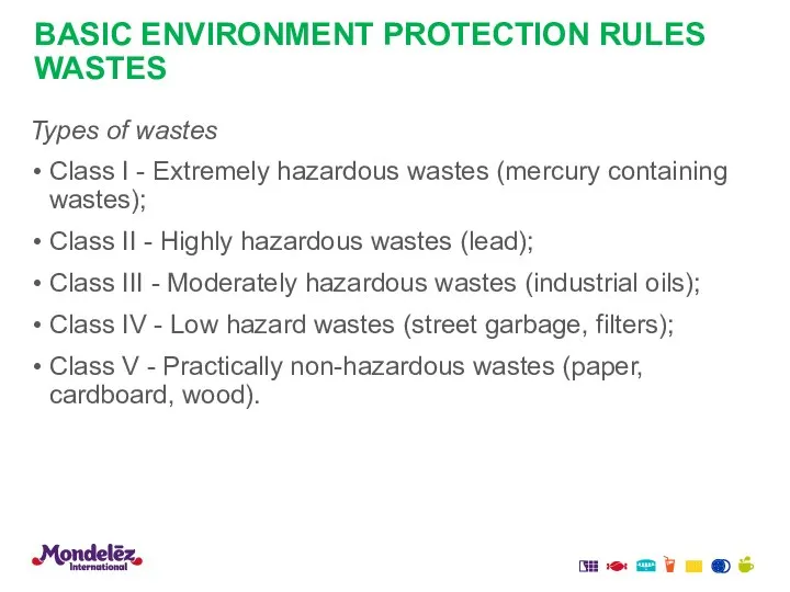 BASIC ENVIRONMENT PROTECTION RULES WASTES Types of wastes Class I -