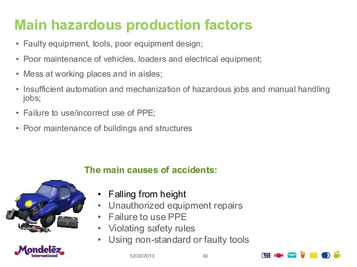 Main hazardous production factors Faulty equipment, tools, poor equipment design; Poor