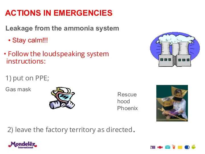 Leakage from the ammonia system Stay calm!!! 2) leave the factory