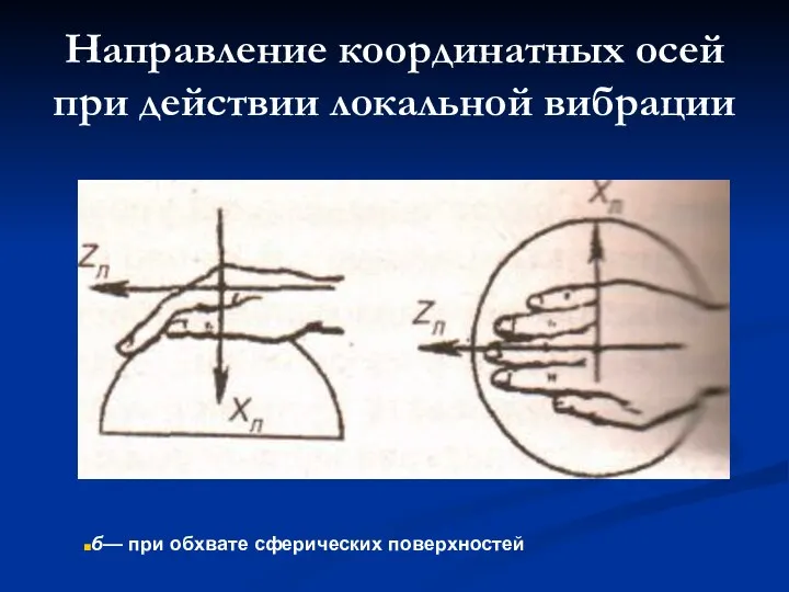 Направление координатных осей при действии локальной вибрации б— при обхвате сферических поверхностей