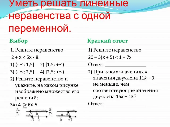 Уметь решать линейные неравенства с одной переменной. Выбор Краткий ответ 1.