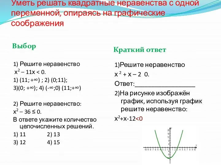 Уметь решать квадратные неравенства с одной переменной, опираясь на графические соображения