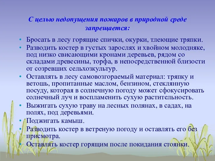 С целью недопущения пожаров в природной среде запрещается: Бросать в лесу