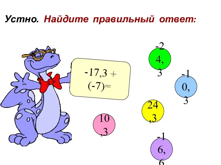 Устно. Найдите правильный ответ: -17,3 + (-7)= 10,3 -10,3 24,3 -24,3 -16,6