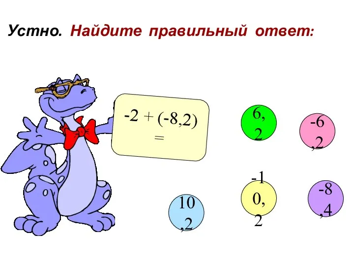 Устно. Найдите правильный ответ: -2 + (-8,2) = -6,2 6,2 10,2 -10,2 -8,4