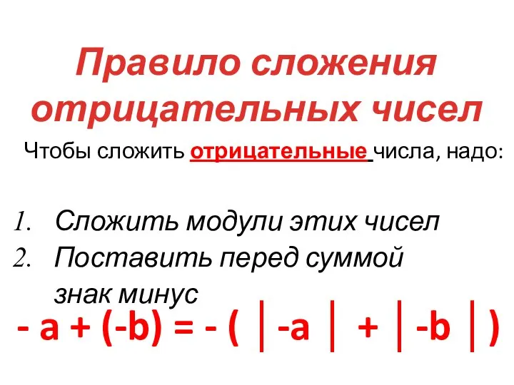 Чтобы сложить отрицательные числа, надо: Сложить модули этих чисел Поставить перед