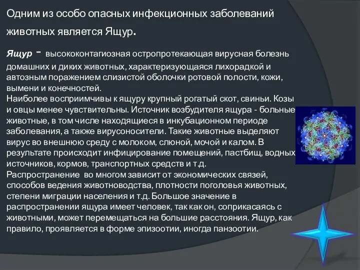 Одним из особо опасных инфекционных заболеваний животных является Ящур. Ящур -