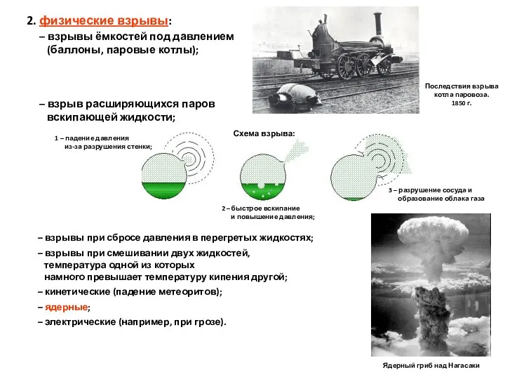 2. физические взрывы: – взрывы ёмкостей под давлением (баллоны, паровые котлы);