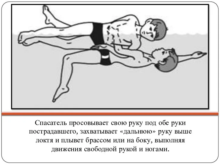 Спасатель просовывает свою руку под обе руки пострадавшего, захватывает «дальнюю» руку