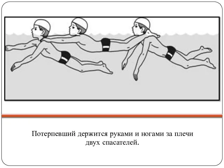 Потерпевший держится руками и ногами за плечи двух спасателей.