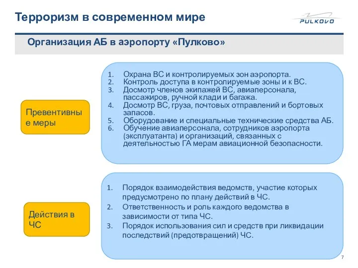 Терроризм в современном мире Организация АБ в аэропорту «Пулково» Охрана ВС