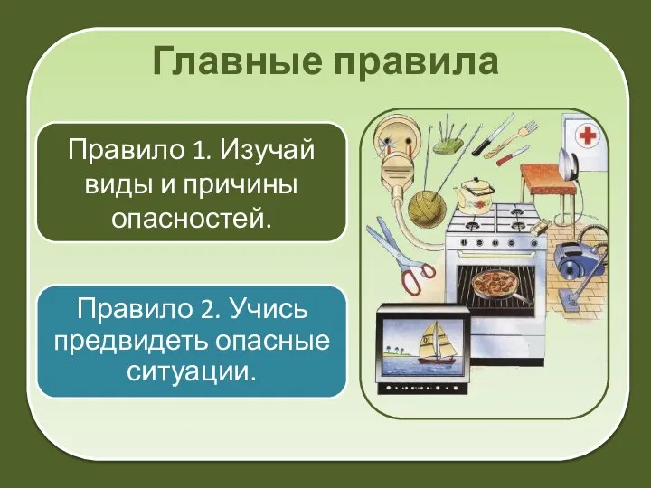 Главные правила Правило 1. Изучай виды и причины опасностей. Правило 2. Учись предвидеть опасные ситуации.