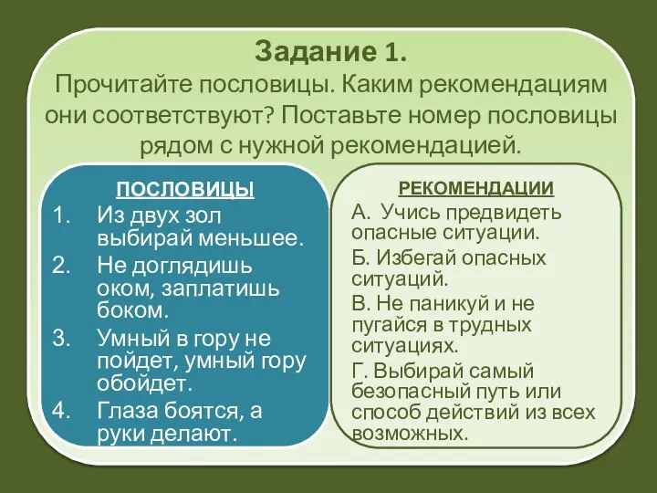 . Задание 1. Прочитайте пословицы. Каким рекомендациям они соответствуют? Поставьте номер