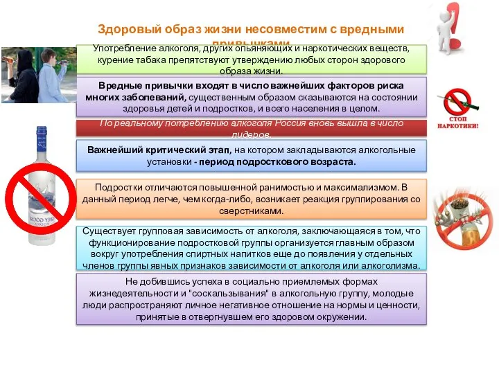 Здоровый образ жизни несовместим с вредными привычками Употребление алкоголя, других опьяняющих