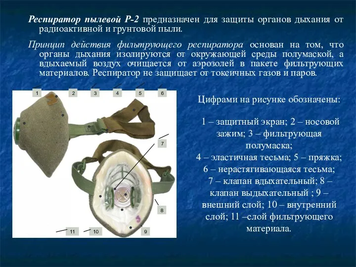 Респиратор пылевой Р-2 предназначен для защиты органов дыхания от радиоактивной и