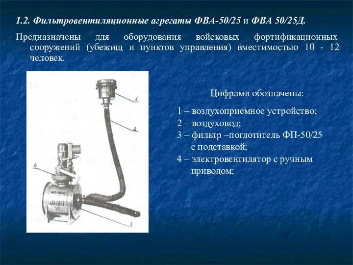 1.2. Фильтровентиляционные агрегаты ФВА-50/25 и ФВА 50/25Д. Предназначены для оборудования войсковых