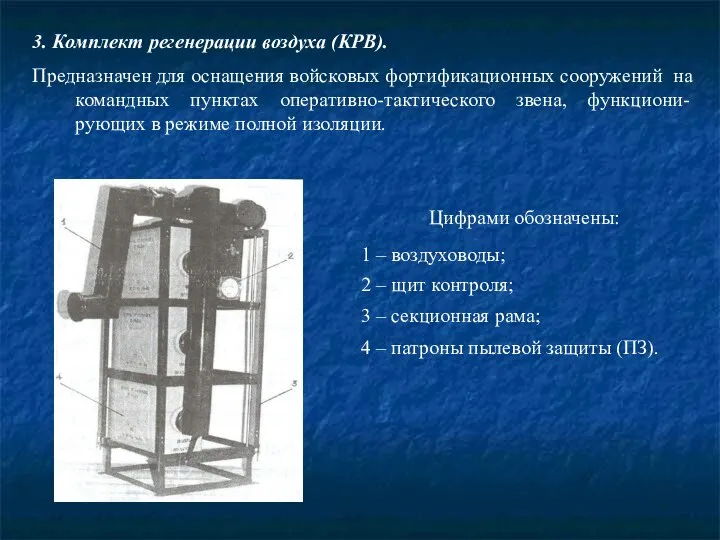 3. Комплект регенерации воздуха (КРВ). Предназначен для оснащения войсковых фортификационных сооружений