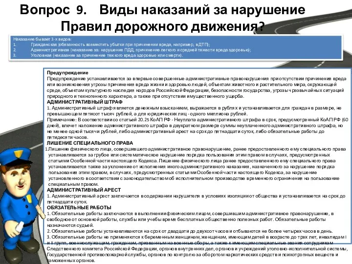 Вопрос 9. Виды наказаний за нарушение Правил дорожного движения? Предупреждение Предупреждение