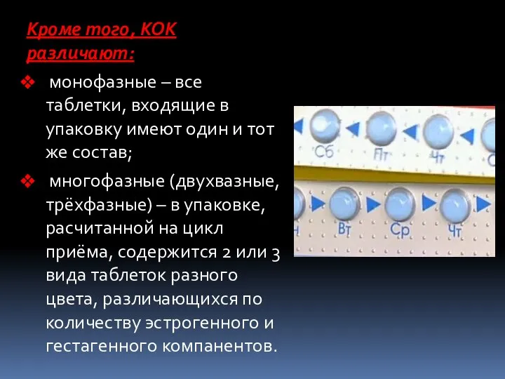 Кроме того, КОК различают: монофазные – все таблетки, входящие в упаковку