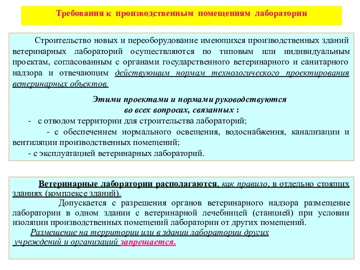 Требования к производственным помещениям лаборатории Ветеринарные лаборатории располагаются, как правило, в