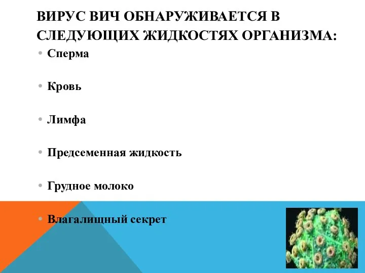 ВИРУС ВИЧ ОБНАРУЖИВАЕТСЯ В СЛЕДУЮЩИХ ЖИДКОСТЯХ ОРГАНИЗМА: Сперма Кровь Лимфа Предсеменная жидкость Грудное молоко Влагалищный секрет