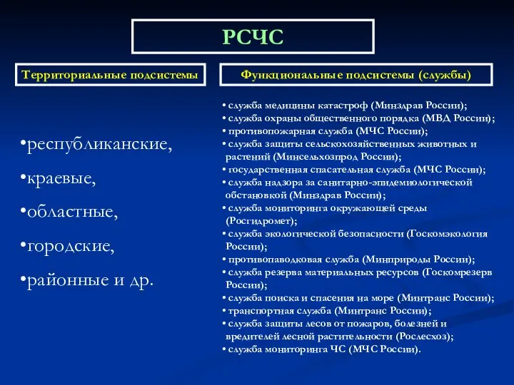 Территориальные подсистемы Функциональные подсистемы (службы) республиканские, краевые, областные, городские, районные и