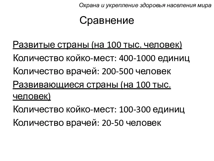 Сравнение Развитые страны (на 100 тыс. человек) Количество койко-мест: 400-1000 единиц